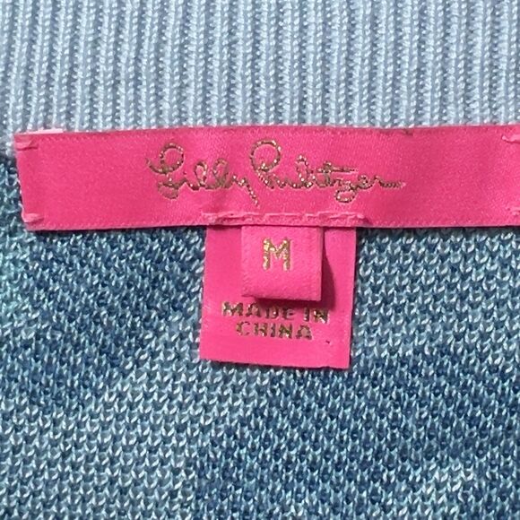 Lilly Pulitzer Jasmina Sweater Womens Sz M Skim Blue Don’t Be A Cheetah V-Neck - Picture 6 of 11